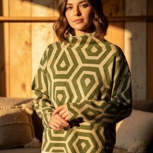 Anthropologie Maeve Carlys Mock Neck Sweater Green and Cream Geometric Large